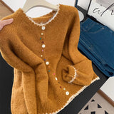 Korean Retro Wavy Collar Color Button Design Knitted Cardigan Women Loose Soft-Creative Sweater Jacket Autumn HZ1208
