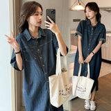 2025 Korean Summer Denim Dress Women Loose Short-Sleeved Retro Age-Reduced Pregnant Women's Skirt HZ1220
