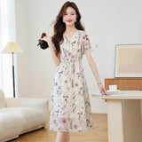 National Feng Shuo Ink Printing V-Neck Dress Women 2025 Summer New Lotus Leaf Sleeve Mother Chiffon Skirt HZ1220