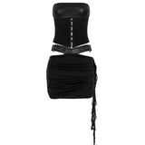 Sexy Leather Suit PU Leather Splicing Waist Tsets Hollow Folding Net Lace-Uped Ass Skirt HZ1220