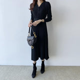 Korean Chic Style French Small Autumn And Winter Thin V-Neck Knitting Big Swing With Bottom 100 Fold Dress Women HZ1220