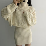 Korean Autumn And Winter French Gentle Hemp High-Necked Short Sweater + Knitted Skirt Woman HZ1220