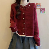 Design With A Soft Glutinous Nail Beads Color Short Cardigan Knitted Sweater Women's Spring And Autumn New Loose Chic Top HZ1208