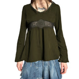 Vintage V-Neck High-Waisted Skirt-Shaped Long-Sleeved T-Shirt Women's Embroidered T-Sleeve Design-Sleeve Blouse HZ1220