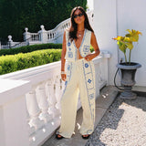 2025 Fashion New Ladies Print Set Of Art Retro Sleeveless Top Broad Leg Pants Two Sets HZ1208