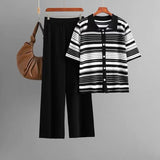 New Women's Two-Piece Set Of Polo Tie Striped T-Shirt High-Waisted Broad Leg Pants Fashion Two-Piece HZ1220