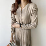 Korean Chic Style French Small Autumn And Winter Thin V-Neck Knitting Big Swing With Bottom 100 Fold Dress Women HZ1220