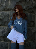 2025 New Fashion Collar Hollow Knitted Shirt Women CCCP Letter Embroidery Casual Style Sweater HZ1208