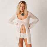Sexy Beach Skirt In Front Of The Fork Knitted Hollow Bikini Hooded U-Collar Sunscreen HZ1208