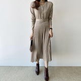 Korean Chic Style French Small Autumn And Winter Thin V-Neck Knitting Big Swing With Bottom 100 Fold Dress Women HZ1220