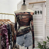 Vintage Graffiti-Printed Shoulder-Threin Mesh Long-Sleeved Blouse Side Drawstring Tethered With Slime T-Shirt 8959 HZ1208