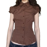 2025 Sweet Niche Wind Collar Bubble Sleeve Shirt Design Pressure Folding Waist Thin Commuter Cardigan T-Shirt Girl HZ1220