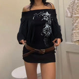 Hexian Dark Black Style Retro Print Irregular Design Slanted Shoulder Skirt Street Personality Loose Thin Dress HZ1220