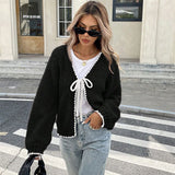 Autumn And Winter Sweater Women's New Knitted Shirt Loose Long-Sleeved Bow Tied With Cardigan Coat Top Woman HZ1208