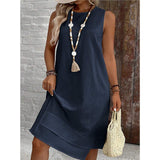 Women's Dress 2025 New Dress Round Collar Solid Sleeveless Summer Large-Size Casual Elegant Women's Skirt HZ1208