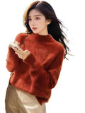 Cashmere Sweater Women In Autumn And Winter Under The Bottom Of The Blouse Lazy Style Design Sense Retro Half-High Collar Red Knitwear HZ1208