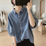 Cowboy Shirt Women's Lantern Five-Sleeve Summer New Loose Slim Vintage Small Design Simple Shirt Shirt HZ1220