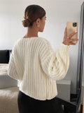Easier Round-Necked Woman Design Sense Three-Plocked Pocket Long Sleeve Sweater French Cardigan Coat HZ1208