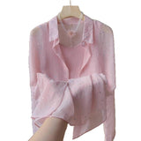 Summer New French Fashion Design Slid Sun Protection Blouse POLO Thin Perspective White Shirt Woman HZ1208