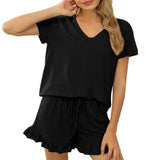 Spring And Summer 2025 New Women's Pure Color V-Neck Shorts Irregular Shorts Sports Casual Home Two Sets HZ1220