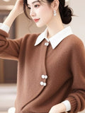 New Chinese Style Chinese Style Curry Fake Two Sweater Women 2025 Autumn And Winter New Super Good-Looking Design Knitted Top Woman HZ1208
