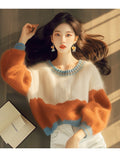 Orange Stitched-In Printed Knitted Sweater 2025 Autumn And Winter New Korean Niche Design Soft-Clip Collar Top HZ1208