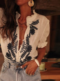 Women's V-Neck Floral Embroidered Shirt Women's New Fashion Single-Crysle Blouse HZ1208