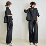 Japan And South Korea In The Spring And Summer New Temperament Loose Sleeve Top + Loose Broad Leg Pants Two Sets Of Women HZ1220