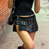 Punk Babes Rivet Belt Open Leather Skirt 2025 Fashion Street Sexy Low-Rise A-Word Version Of 100-Folded Skirt HZ1220