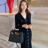 Black Knitted Dress 2025 Autumn And Winter New Long Sleeves Of Ocean Gas Single Buckle Bottom Dress Casual Woman HZ1220