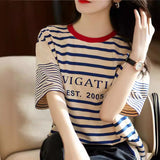 2025 Version Of Loose Good-Looking Youth-Down Navy Blouse Woman! Letters Printed Short-Sleeved Cotton Striped T-Shirt HZ1220