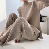 Autumn And Winter Solid Color Round Collar Open Fork Sweater Set Women's Loose Knitting Tops Broad Leg Pants Two Sets HZ1208