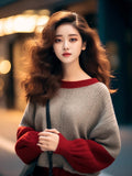 Autumn And Winter New Hong Kong Style Chic Top Female Design Color Collar Knitted Shirt Age Reduction Lantern Sleeve Long-Sleeved Sweater HZ1208