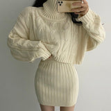 Korean Autumn And Winter French Gentle Hemp High-Necked Short Sweater + Knitted Skirt Woman HZ1220
