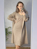 2025 New Solid V-Neck Jacket Dress + Sweater Cardigan Hot Elegant Knitted Set HZ1208