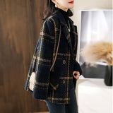 2025 Autumn And Winter New Fashion Korean Loose Thin Retro Lattice Splicing Hundred Suit Collar Hair Coat Woman HZ1220