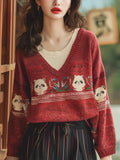 Red Cartoon Embroidery V-Neck Knitted Sweater Women's Autumn And Winter Lazy Wind Loose Leisure Holiday Two Age Reduction Top HZ1208