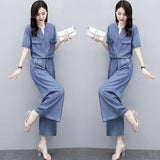 Tiansi Cowboy Broad Leg Pants Set Summer Large Size Cover Thin Mother Casual Loose Ocean To Lose Age Thin Two HZ1220