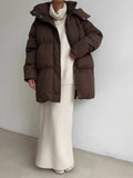 2025 Casual Waist Thin Hooded Medium Long Bread Cotton Clothes Women Thick Cotton Coat Brown HZ1208