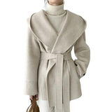 Korean Chic Autumn French Temperament Hooded Pocket Design Strapped To The Waist Thin Solid Color Long-Sleeved Coat HZ1220