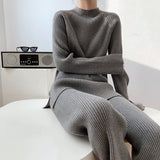Autumn And Winter Solid Color Round Collar Open Fork Sweater Set Women's Loose Knitting Tops Broad Leg Pants Two Sets HZ1208