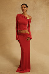 Ainsley Asymmetrical Maxi Skirt With Floral Hardware - Fuchsia Pink